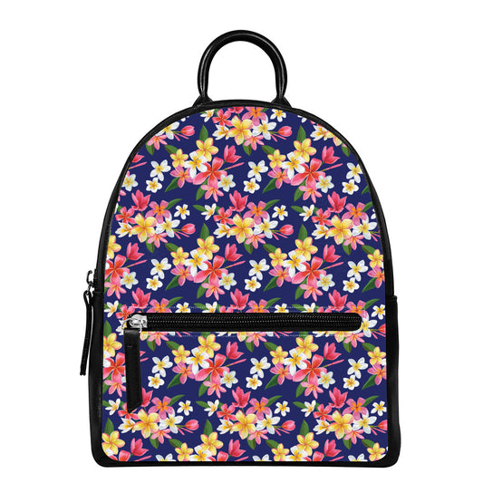 Tropical Frangipani Plumeria Print Leather Backpack