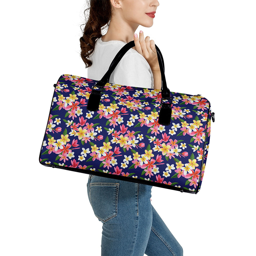 Tropical Frangipani Plumeria Print Leather Duffle Bag