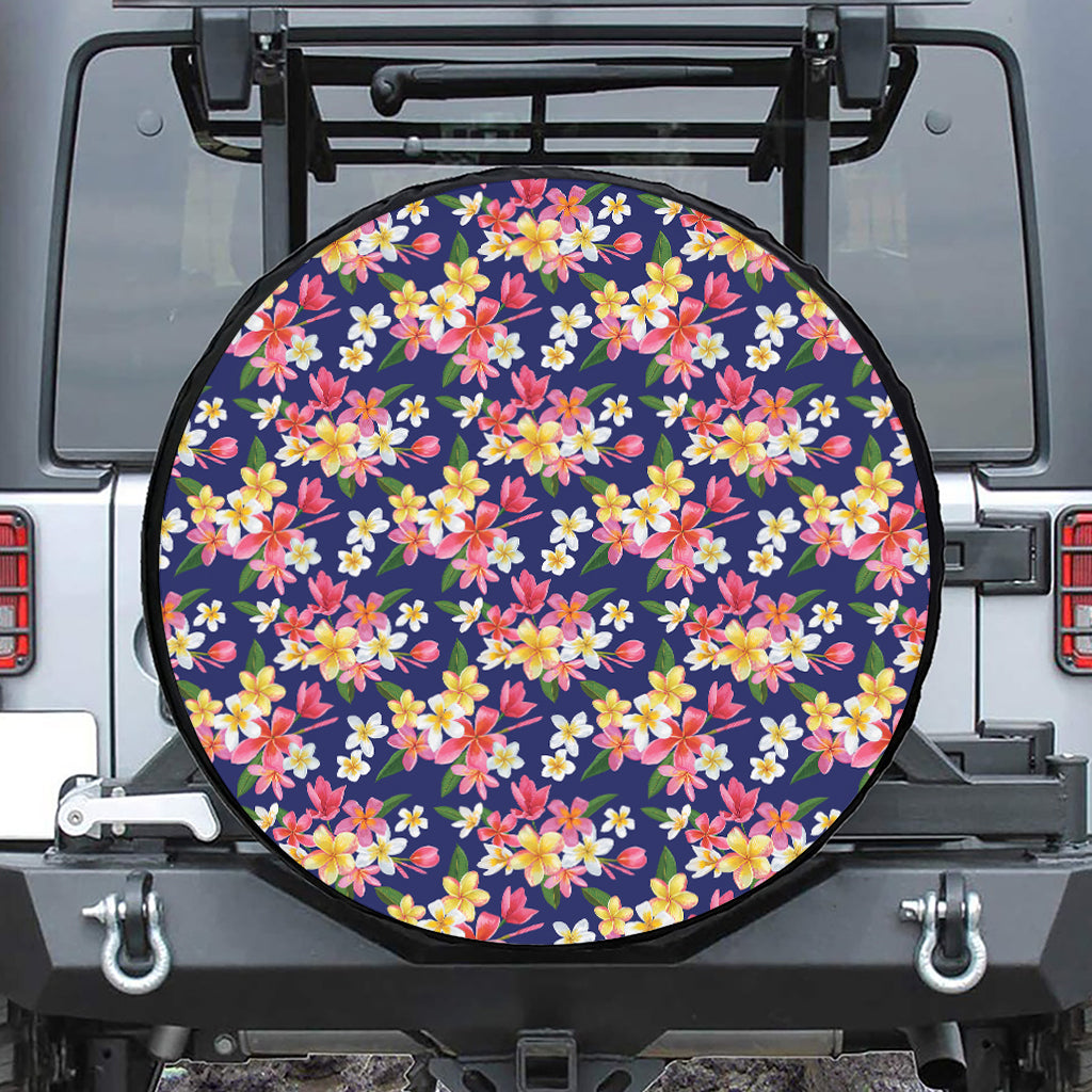 Tropical Frangipani Plumeria Print Leather Spare Tire Cover