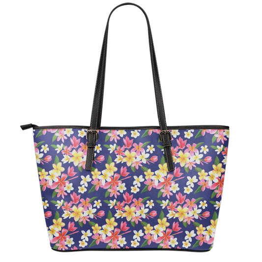 Tropical Frangipani Plumeria Print Leather Tote Bag