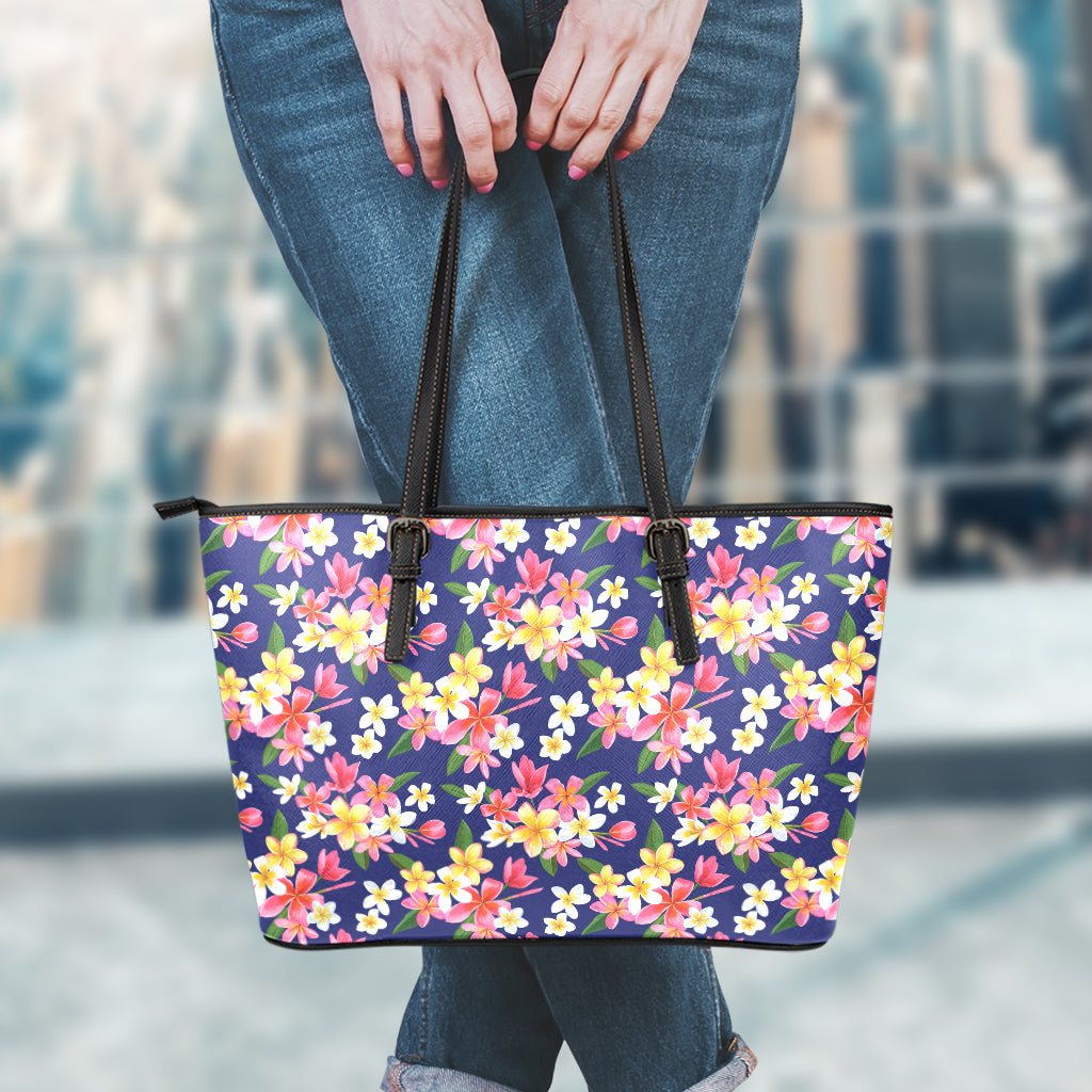 Tropical Frangipani Plumeria Print Leather Tote Bag