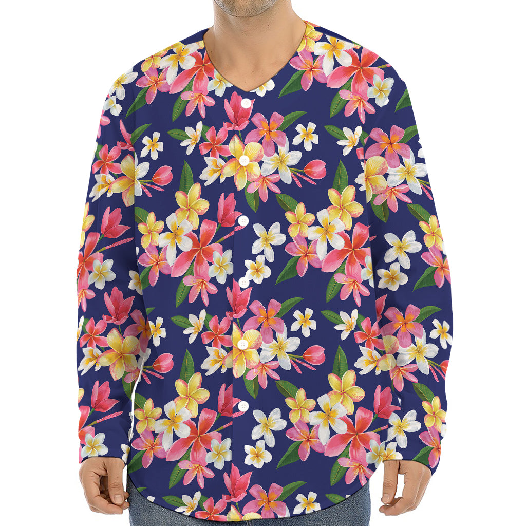 Tropical Frangipani Plumeria Print Long Sleeve Baseball Jersey