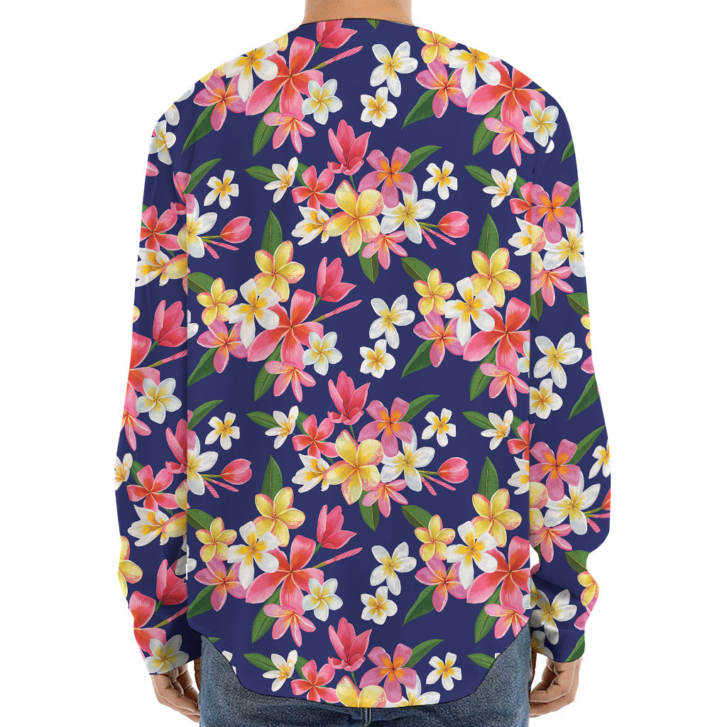 Tropical Frangipani Plumeria Print Long Sleeve Baseball Jersey