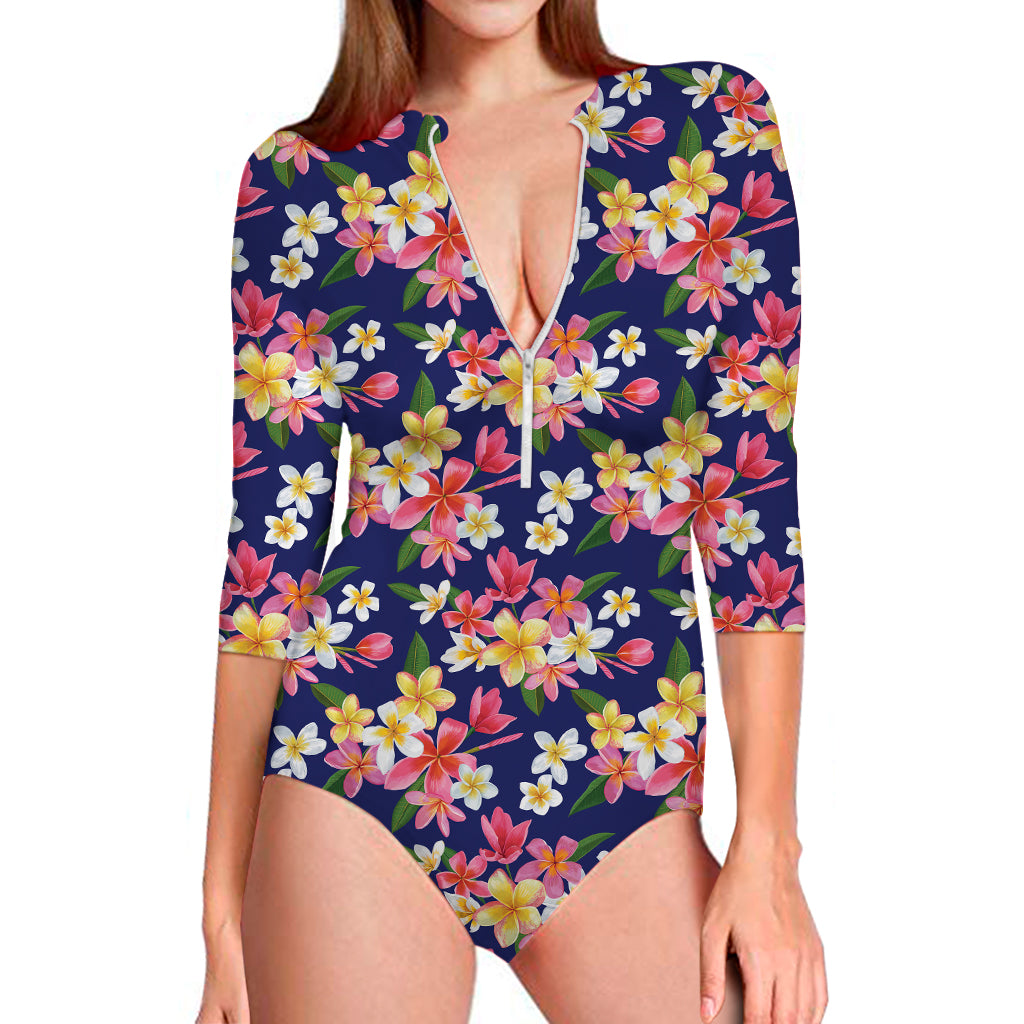 Tropical Frangipani Plumeria Print Long Sleeve Swimsuit