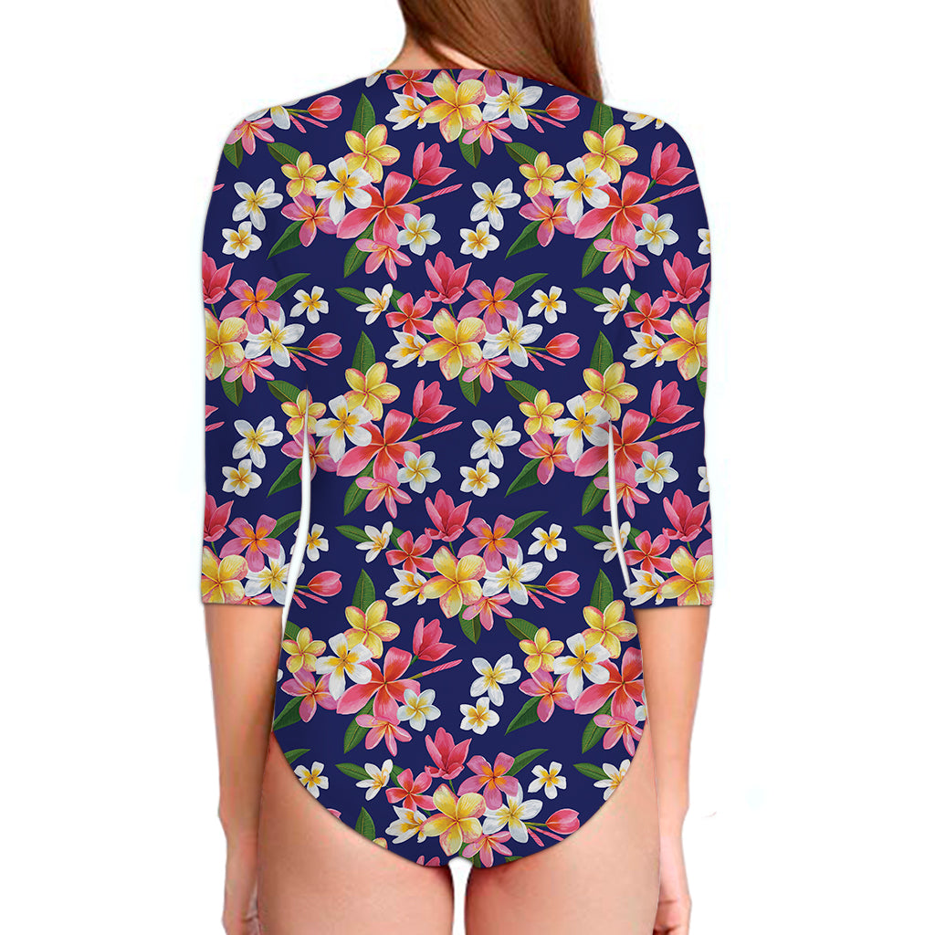 Tropical Frangipani Plumeria Print Long Sleeve Swimsuit