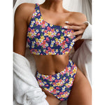 Tropical Frangipani Plumeria Print One Shoulder Bikini Top
