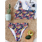 Tropical Frangipani Plumeria Print One Shoulder Bikini Top