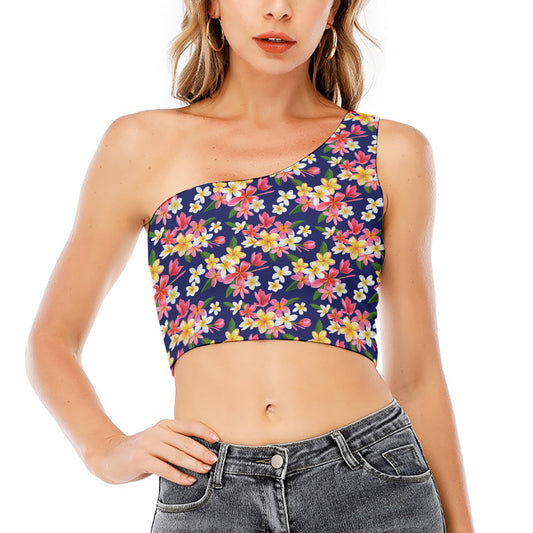 Tropical Frangipani Plumeria Print One Shoulder Crop Top