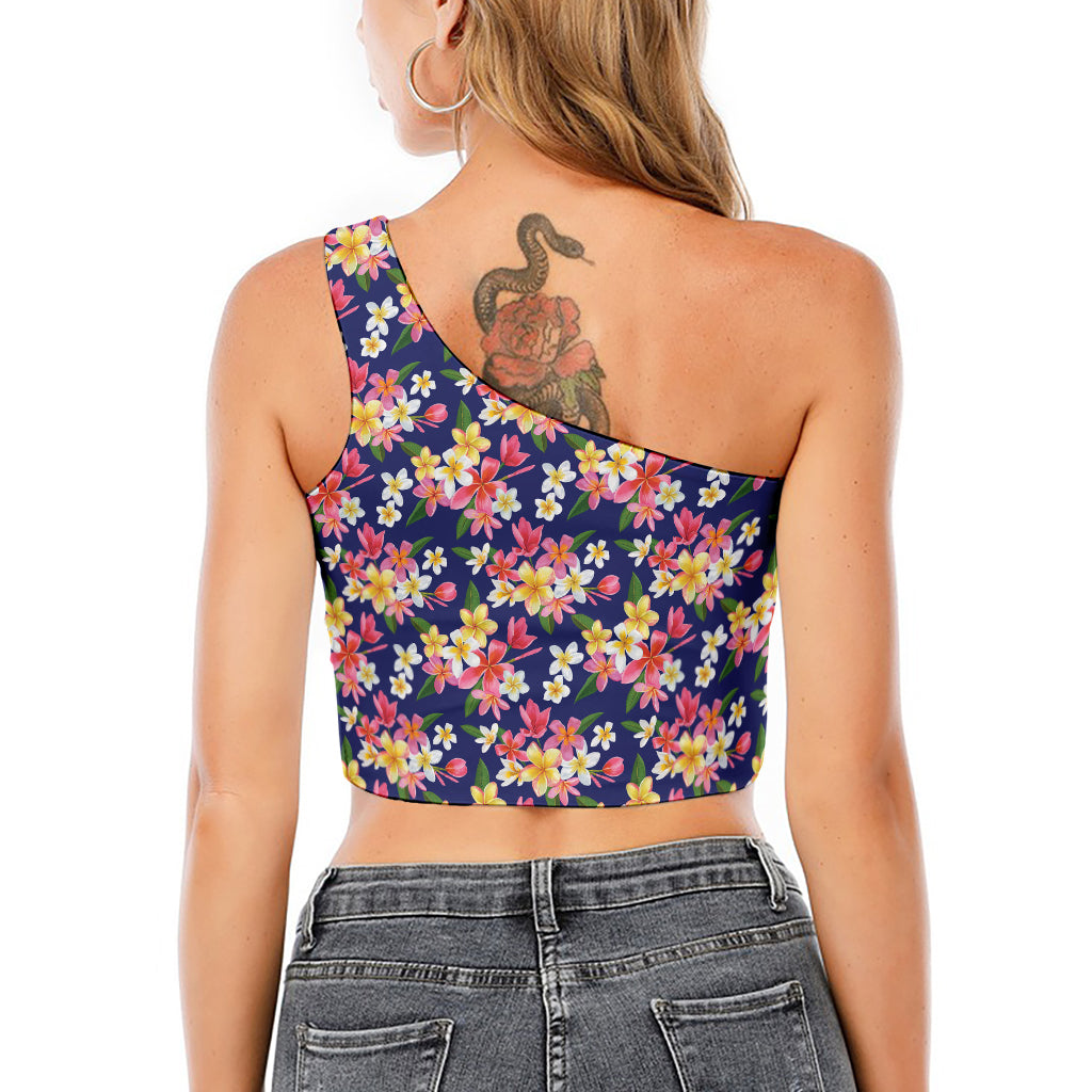 Tropical Frangipani Plumeria Print One Shoulder Crop Top