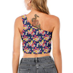 Tropical Frangipani Plumeria Print One Shoulder Crop Top
