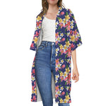 Tropical Frangipani Plumeria Print Open Front Beach Cover Up