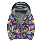 Tropical Frangipani Plumeria Print Sherpa Lined Zip Up Hoodie
