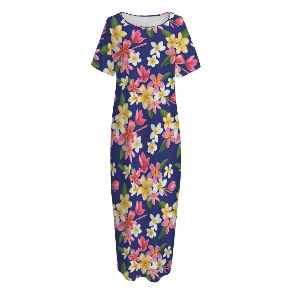 Tropical Frangipani Plumeria Print Short Sleeve Long Nightdress