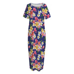 Tropical Frangipani Plumeria Print Short Sleeve Long Nightdress