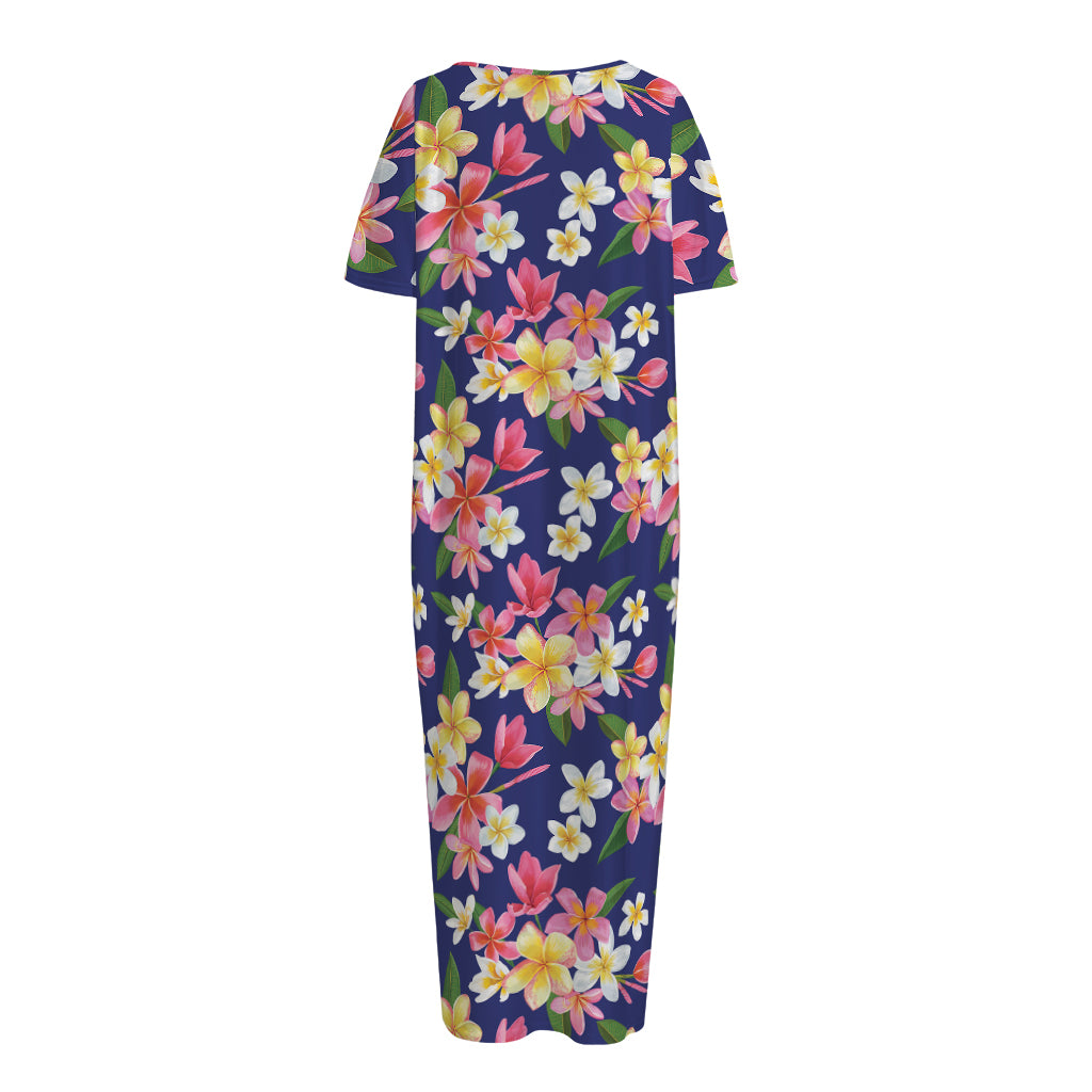 Tropical Frangipani Plumeria Print Short Sleeve Long Nightdress