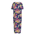 Tropical Frangipani Plumeria Print Short Sleeve Long Nightdress