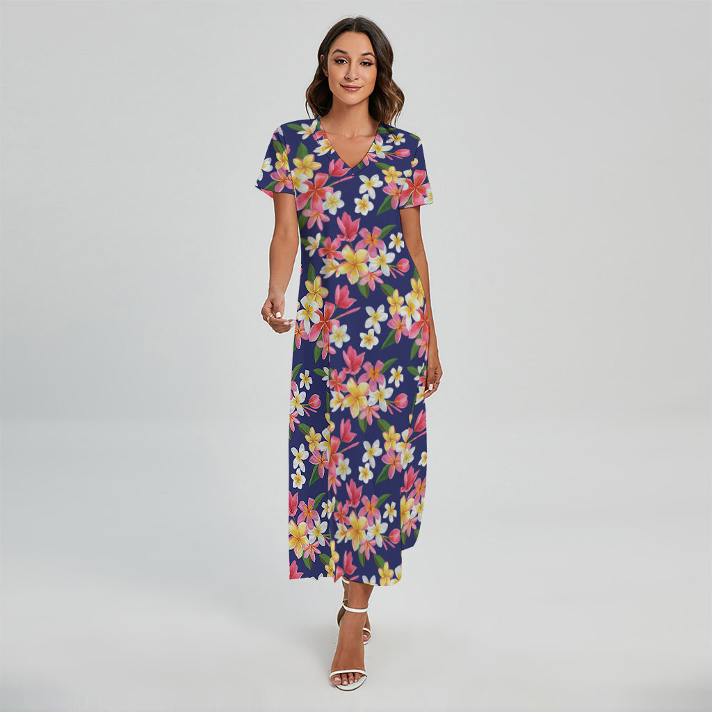 Tropical Frangipani Plumeria Print Short Sleeve Maxi Dress