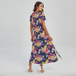 Tropical Frangipani Plumeria Print Short Sleeve Maxi Dress