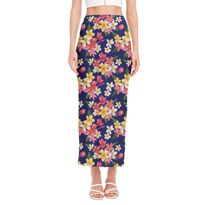 Tropical Frangipani Plumeria Print Side Slit Maxi Skirt