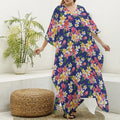 Tropical Frangipani Plumeria Print Silk V-Neck Kaftan Dress