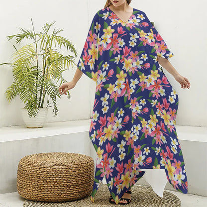 Tropical Frangipani Plumeria Print Silk V-Neck Kaftan Dress