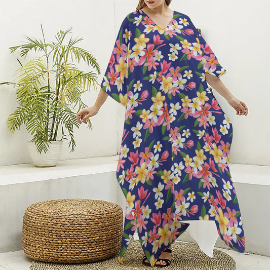 Tropical Frangipani Plumeria Print Silk V-Neck Kaftan Dress