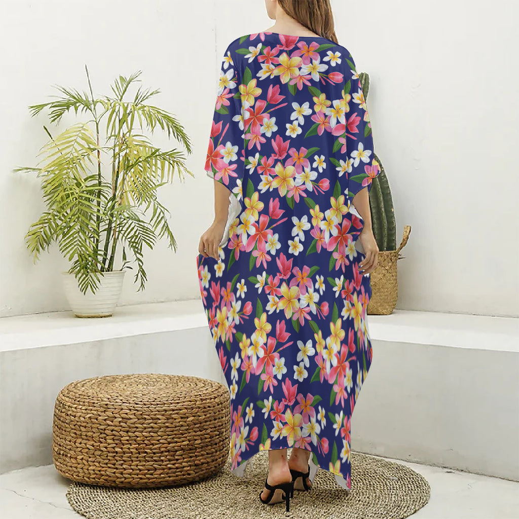 Tropical Frangipani Plumeria Print Silk V-Neck Kaftan Dress