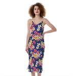 Tropical Frangipani Plumeria Print Slim Fit Midi Cami Dress