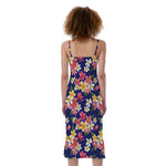 Tropical Frangipani Plumeria Print Slim Fit Midi Cami Dress