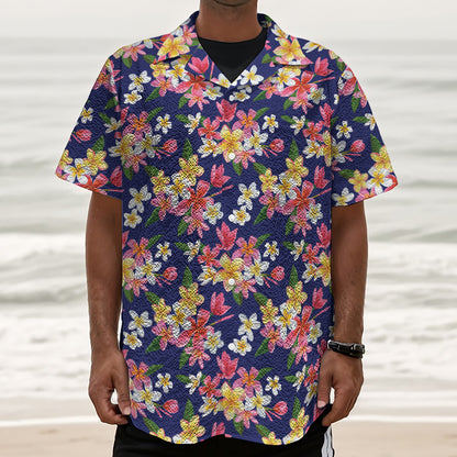 Tropical Frangipani Plumeria Print Textured Short Sleeve Shirt