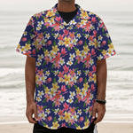 Tropical Frangipani Plumeria Print Textured Short Sleeve Shirt
