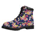 Tropical Frangipani Plumeria Print Padded Collar Lace Up Boots