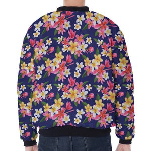 Tropical Frangipani Plumeria Print Zip Sleeve Bomber Jacket