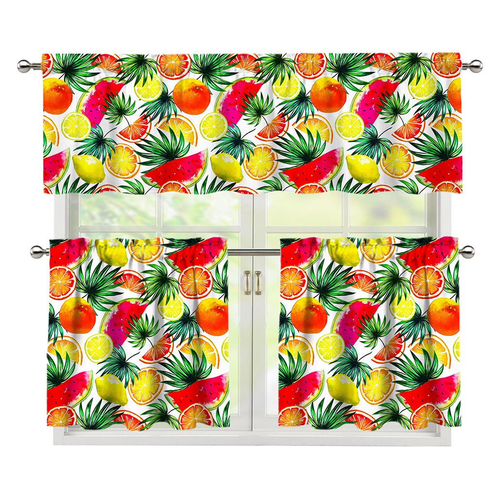 Tropical Fruit Leaf Pattern Print 3 Piece Kitchen Curtains