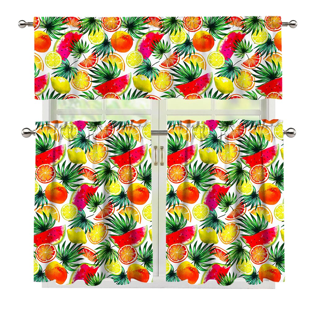 Tropical Fruit Leaf Pattern Print 3 Piece Kitchen Curtains