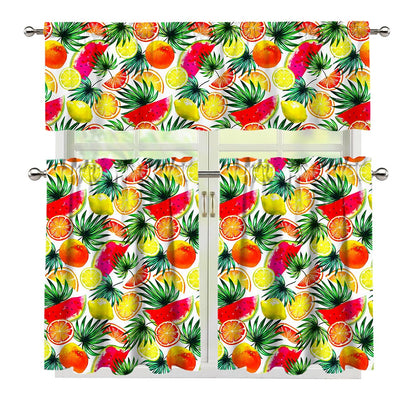 Tropical Fruit Leaf Pattern Print 3 Piece Kitchen Curtains