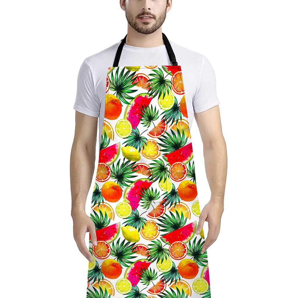 Tropical Fruit Leaf Pattern Print Bib Apron With Pocket
