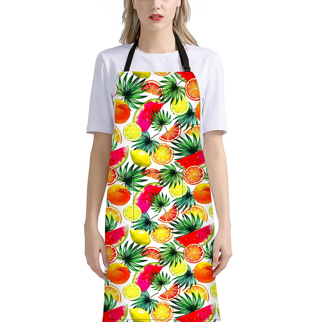 Tropical Fruit Leaf Pattern Print Bib Apron With Pocket