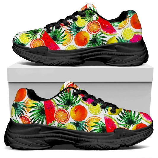 Tropical Fruit Leaf Pattern Print Black Chunky Shoes