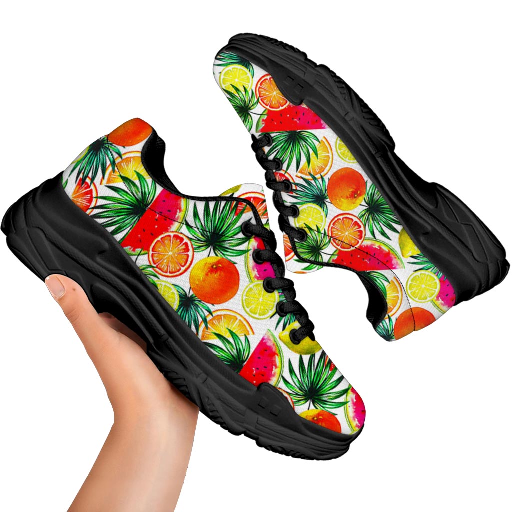 Tropical Fruit Leaf Pattern Print Black Chunky Shoes