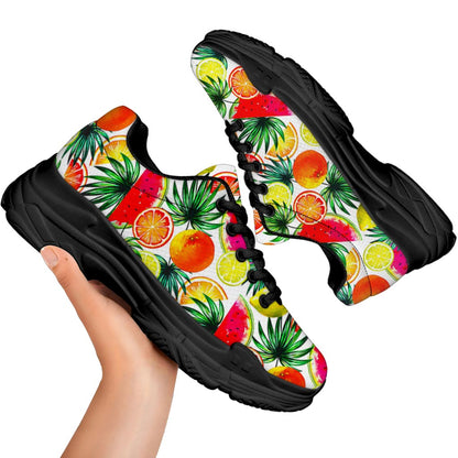 Tropical Fruit Leaf Pattern Print Black Chunky Shoes