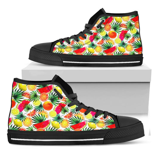 Tropical Fruit Leaf Pattern Print Black High Top Sneakers