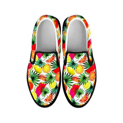 Tropical Fruit Leaf Pattern Print Black Slip On Sneakers