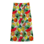 Tropical Fruit Leaf Pattern Print Cotton Front Slit Maxi Skirt