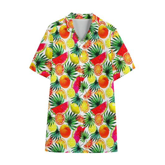 Tropical Fruit Leaf Pattern Print Cotton Hawaiian Shirt