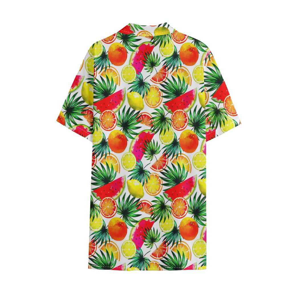 Tropical Fruit Leaf Pattern Print Cotton Hawaiian Shirt