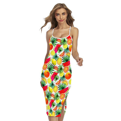 Tropical Fruit Leaf Pattern Print Cross Back Cami Dress