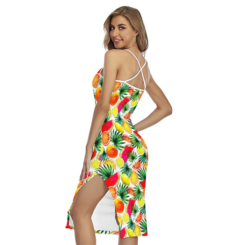 Tropical Fruit Leaf Pattern Print Cross Back Cami Dress