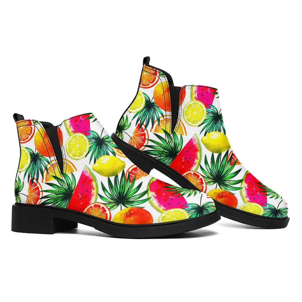 Tropical Fruit Leaf Pattern Print Flat Ankle Boots