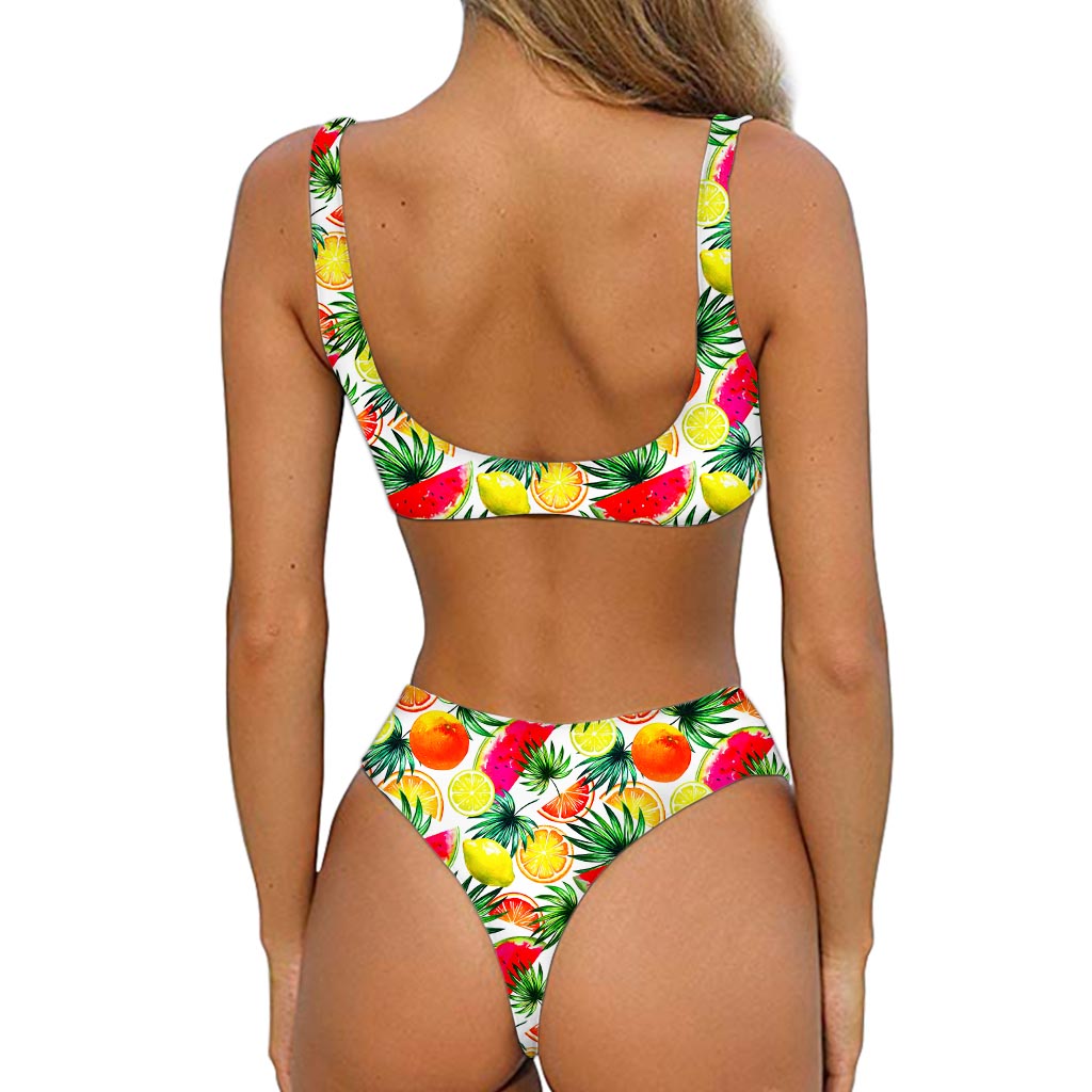 Tropical Fruit Leaf Pattern Print Front Bow Tie Bikini